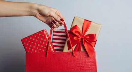 Hand Holding Red Shopping Bag with Gift Boxes