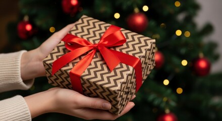 Hands Holding Wrapped Gift in Front of Christmas Tree