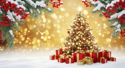 Christmas Tree with Gifts and Festive Red Decorations