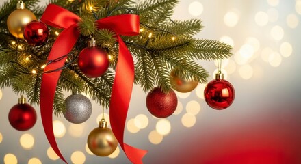 Christmas Tree Branch with Ornaments and Red Ribbon