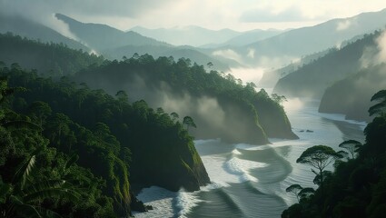Misty River Flowing Through a Lush Rainforest Canyon at Dawn.