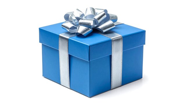 A square blue gift box with a silver ribbon and bow on top, isolated against a white background. It's a wrapped present - Powered by Adobe