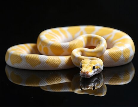 Vibrant studio photo of a banana piebald ball python against a black background. The snake displays yellow and white patterned skin. Reptile is coiled with head visible reflecting on the surface.