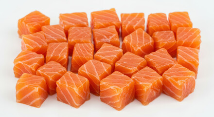 Fresh cubed raw salmon arranged in neat rows on a white surface, highlighting vibrant orange color and fine marbling