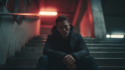 Fototapeta premium A man with short dark hair sits on steps in a parking garage at night, surrounded by moody cyberpunk lighting and drifting smoke