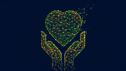 A low poly 3D model of hands protecting a heart, created from a colorful plexus network of glowing particles.