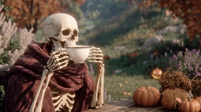 Skeleton sitting at wood table drinking steaming coffee with autumn pumpkins in a fall garden setting footage.