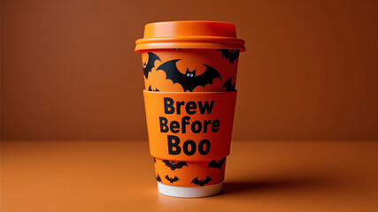 Takeaway coffee cup with Brew Before Boo slogan in bright orange Halloween theme