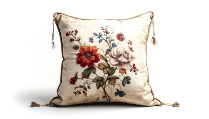 A square cream-colored pillow, adorned with a vibrant floral print in red, orange, blue, and white hues, set against a clean white background