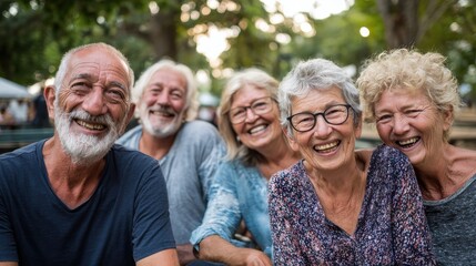 group of smiling senior friends spending time together sitting in the park no logos no brands ar 169