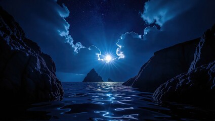 Mystical Moonlit Ocean Cove with Rocky Outcroppings.
