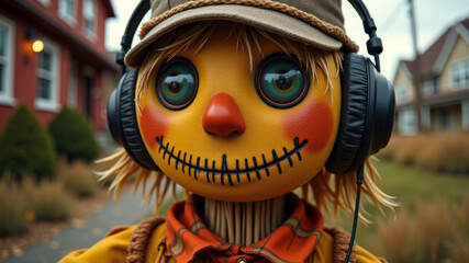 Scarecrow head with headphones smiling in autumn field with Halloween lights