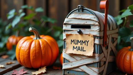 Decorated mailbox with Mummy Mail sign and pumpkins in autumn Halloween garden