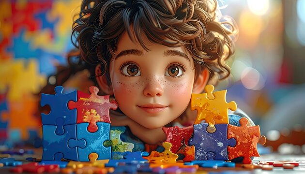 A smiling child with curly hair rests their chin on hands behind a colorful jigsaw puzzle arrangement. Background has scattered puzzle pieces - Powered by Adobe