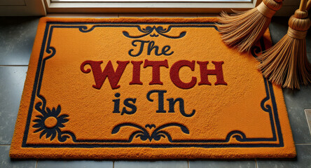 Matching doormat reading The Witch Is In surrounded by two brooms in Halloween porch setup