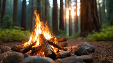 A cozy campfire crackles with warm flames, set against a backdrop of majestic, towering trees that capture the essence of a peaceful evening in nature's embrace.