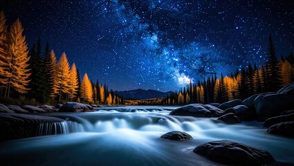 Night Cascade - Milky Way Over Forest River.