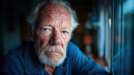 An intimate portrait of an elderly man with thoughtful eyes gazing out the window, capturing the depth of human emotions and the wisdom that comes with age and experience.