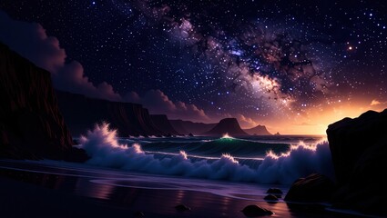 Night Ocean Waves Under Starry Sky - A Serene Landscape.