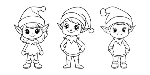 Christmas elves wearing hats and smiling in a coloring page illustration for children
