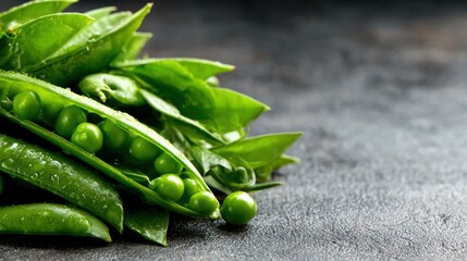A vibrant close-up of fresh edible peas and leaves beautifully arranged, illustrating the freshness of nature and culinary delight in a tasteful and artistic manner.