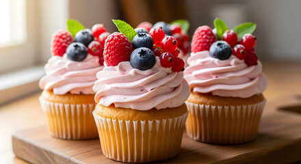 Berry Cupcakes with Pink Frosting - Sweet Dessert Treats