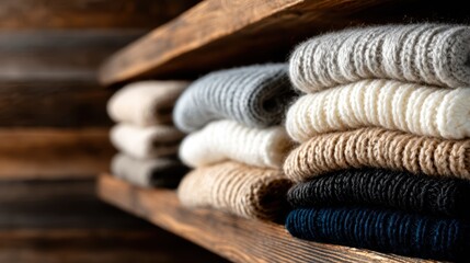 A collection of neatly folded sweaters in various neutral tones is displayed on a rustic wooden shelf, embodying a cozy, inviting atmosphere perfect for autumn or winter fashion.