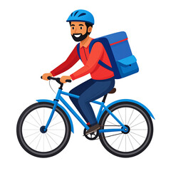 vector PNG illustration depicting a cheerful delivery man riding a bike, wearing a helmet and carrying a backpack