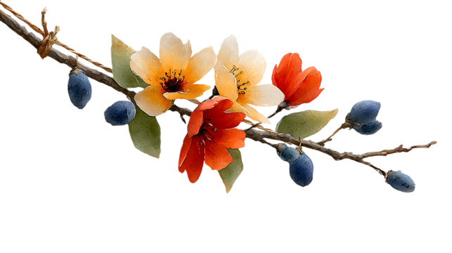 Vibrant spring branch with delicate orange and yellow blossoms and deep blue berries