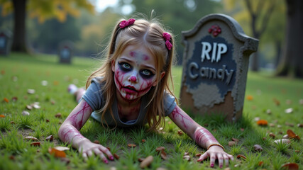Girl in zombie makeup crawling on grass with Halloween tombstone prop nearby