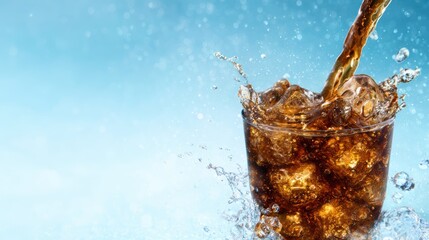 An enticing close-up image of cola being poured into a glass filled with ice, featuring dynamic splashes that illustrate the refreshing qualities of a classic drink on a hot day.