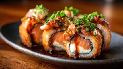 A close-up view of beautifully arranged sushi rolls made with fresh salmon and a crispy outer layer, garnished with vibrant green onions and a rich sauce.