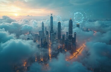 Futuristic cityscape with skyscrapers rising above clouds at sunset. Digital data interface visualizes smart city network. Innovative metropolis represents global communication, tech growth, business