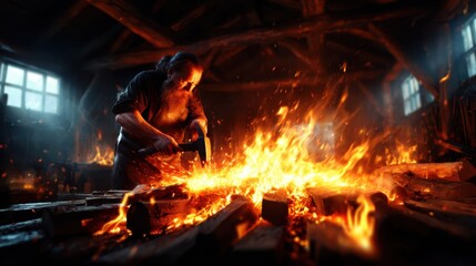 A skilled blacksmith works diligently in a glowing workshop, surrounded by roaring flames and glowing metal, showcasing the art of traditional metalworking and craftsmanship.