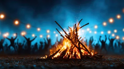 Sierkussen Meisjeskamer A lively nighttime bonfire scene with people dancing in the background, surrounded by glowing lights, capturing the warmth and joy of an outdoor celebration in the dark.  © JoxyAimages