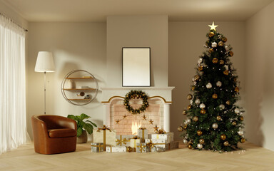 Cozy Christmas corner featuring a decorated tree and warm ambiance. 3D render illustration