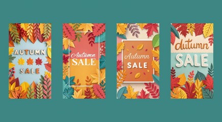 Set of four vertical autumn sale banners with paper-cut leaves design.


