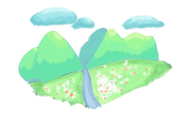 Serene landscape illustration features rolling green hills under sky with fluffy clouds. gentle stream flows through meadow dotted with colorful flowers, evoking sense of tranquility