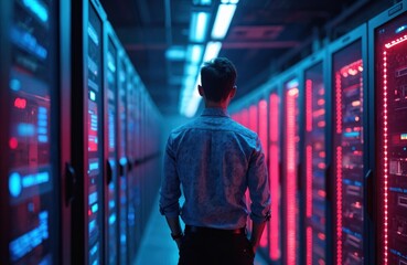 Naklejka premium Man looks at server racks in data center. Person observing tech equipment in network room. IT specialist manages cyberspace infrastructure. Data storage tech. Digital transformation concept.