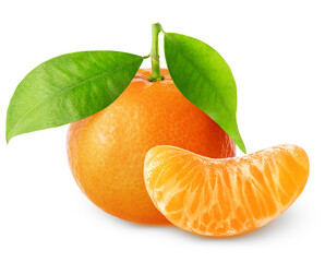 Fresh tangerine (mandarin) fruit and slice isolated on white background