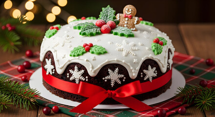 Festive Christmas Cake with Gingerbread Man & Holly