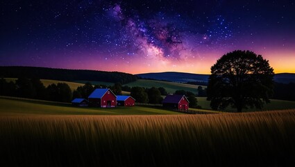 Nighttime Farm Scene Under the Milky Way Galaxy.