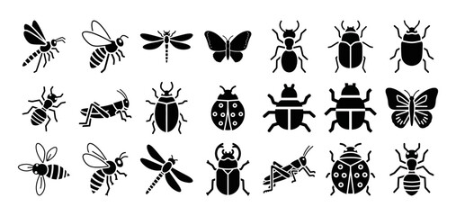 Solid filled wildlife insect icon set featuring butterfly bee dragonfly beetle ant ladybug and grasshopper designs