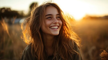 Joyful woman smiling at sunset open field portrait warm atmosphere close-up happiness and freedom