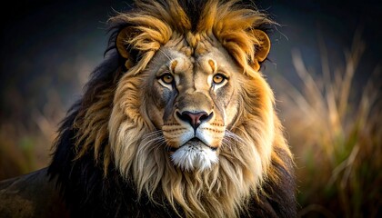 Fototapeta premium Majestic portrait of a large male cat with golden mane, looking head-on