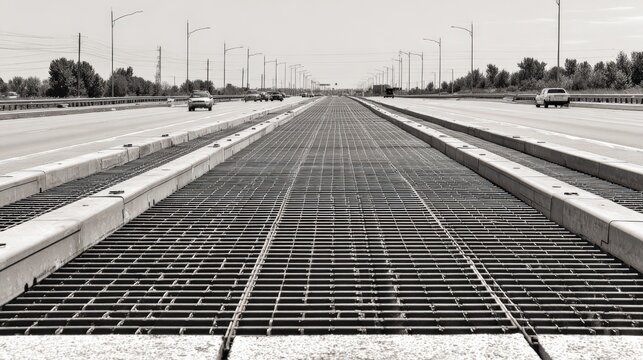 Perspective view of a steel grate road surface in a highway setting