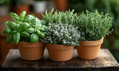 Fototapeta premium Fresh herbs in terracotta pots culinary and gardening photography
