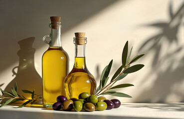 Two glass bottles with golden olive oil stand near fresh olives and green olive branch. Soft light creates dappled shadows on cream wall. Represents healthy food choice.