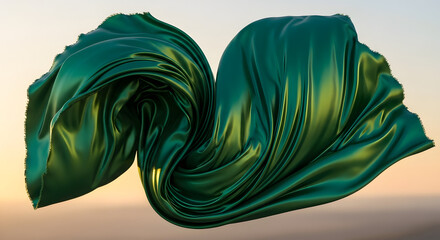 Emerald silk fabric flows dramatically against a soft, warm sky.
