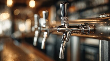 drink equipment and object concept  close up of single tap chrome draft beer kegerator tower at bar or pub no logos no brands ar 169